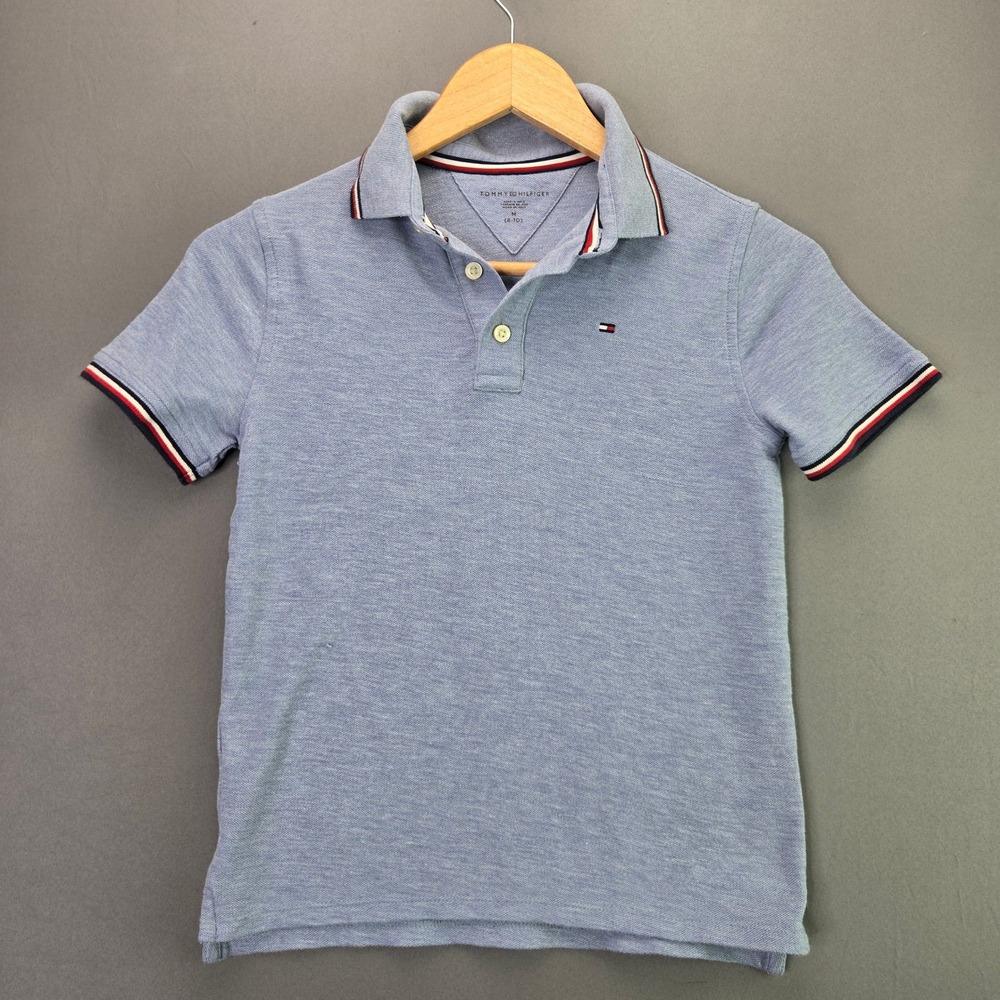 Tommy Hilfiger Boys Polo Shirt M 8-10 Blue Pique Striped Trim Short Sleeve Logo